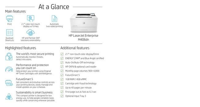 HP LaserJet Enterprise M406dn - Imprimante laser monochrome, 40 ppm, recto verso, USB, sécurisée, format A4, 1024 Mo, écran LCD, résolution 1200 x 1200 dpi