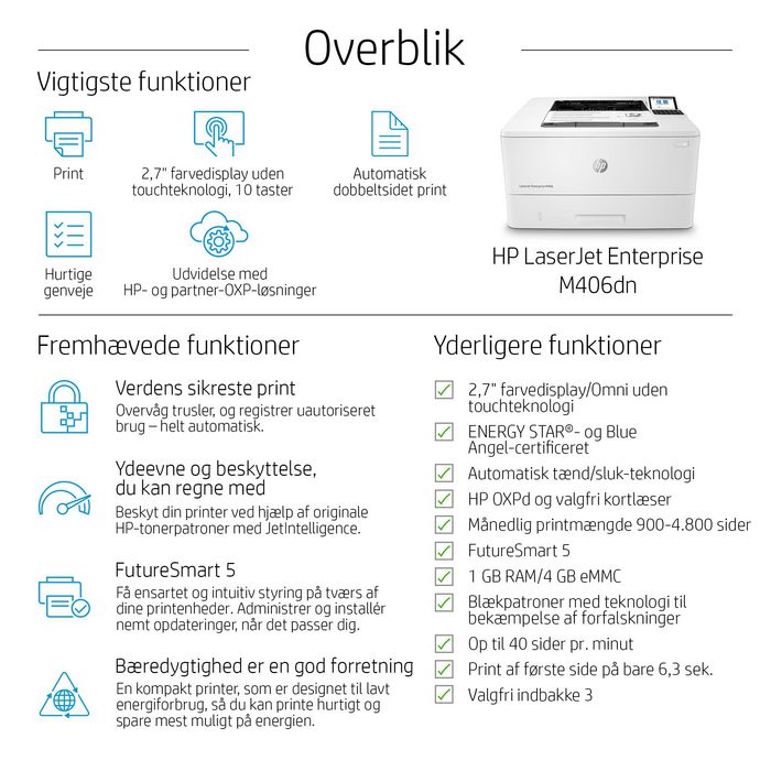 HP LaserJet Enterprise M406dn - Imprimante laser monochrome, 40 ppm, recto verso, USB, sécurisée, format A4, 1024 Mo, écran LCD, résolution 1200 x 1200 dpi
