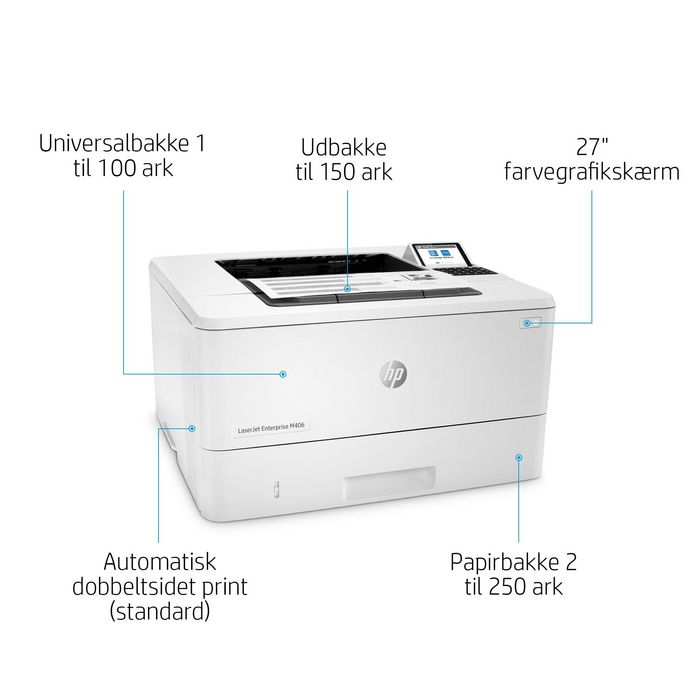 HP LaserJet Enterprise M406dn - Imprimante laser monochrome, 40 ppm, recto verso, USB, sécurisée, format A4, 1024 Mo, écran LCD, résolution 1200 x 1200 dpi