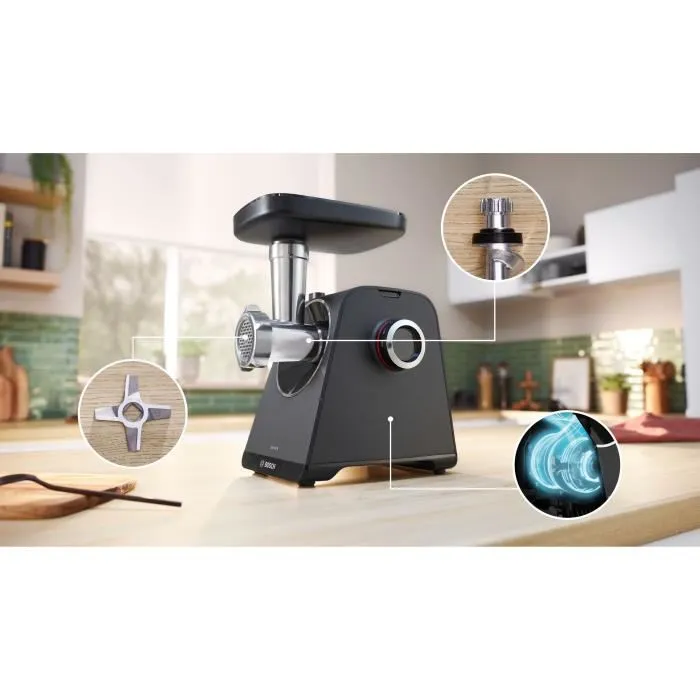 Bosch MFWS430B Hachoir à Viande Série 4 - 500W - Moteur bloqué 1900W - 3 grilles - Marche arrière - Capacité 2.5 kg/min - Noir