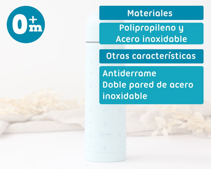 KioKids Termo Isotherme pour Liquides 500 mL, Bleu, Double Paroi Acier Inoxidable, 24h Froid / 12h Chaud, Anti-goutte, Bouchon Hermétique, Collection Petits Moments