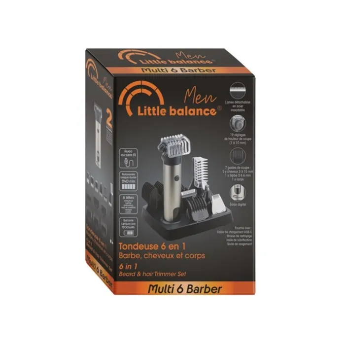 Little Balance Tondeuse multifonction 6 Barber 6-en-1 - Avec 6 têtes pour cheveux, barbe, précision, nez/oreilles, rasage, corps - 240 min d'autonomie - Inox - USB Type C