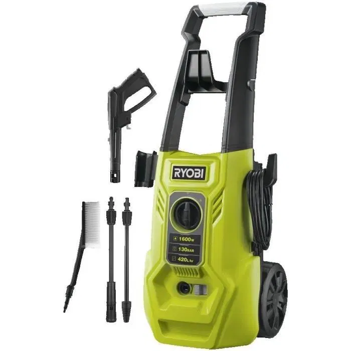 Ryobi RY130PWA Nettoyeur haute pression 1600 W 130 bars, débit 420 L/h, flexible 5 m, réservoir détergent, lances vario et turbo, brosse multi-surfaces Ryobi RY130PWA Nettoyeur haute pression 1600 W 130 bars, débit 420 L/h, flexible 5 m, réservoir détergent, lances vario et turbo, brosse multi-surfaces
