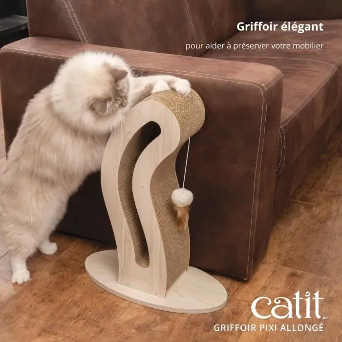 Catit Pixi Griffoir pour chat en forme de queue avec balle en tissu et plumes - Design en chêne naturel et carton ondulé remplaçable