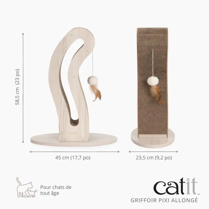 Catit Pixi Griffoir pour chat en forme de queue avec balle en tissu et plumes - Design en chêne naturel et carton ondulé remplaçable