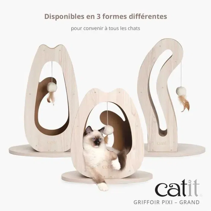 Catit Pixi Griffoir pour chat en forme de queue avec balle en tissu et plumes - Design en chêne naturel et carton ondulé remplaçable