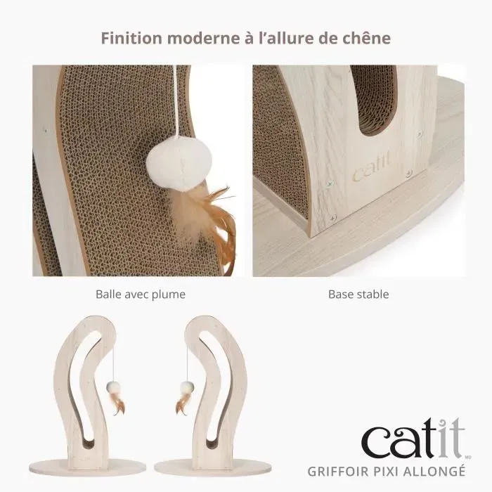 Catit Pixi Griffoir pour chat en forme de queue avec balle en tissu et plumes - Design en chêne naturel et carton ondulé remplaçable