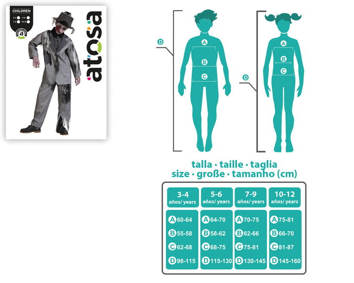 Déguisement d'Halloween pour Garçon Fantôme Novio - Costume Enfant Grâce à Rayures avec Veste et Pantalon, Taille 10-12 Ans, Polyester Gris