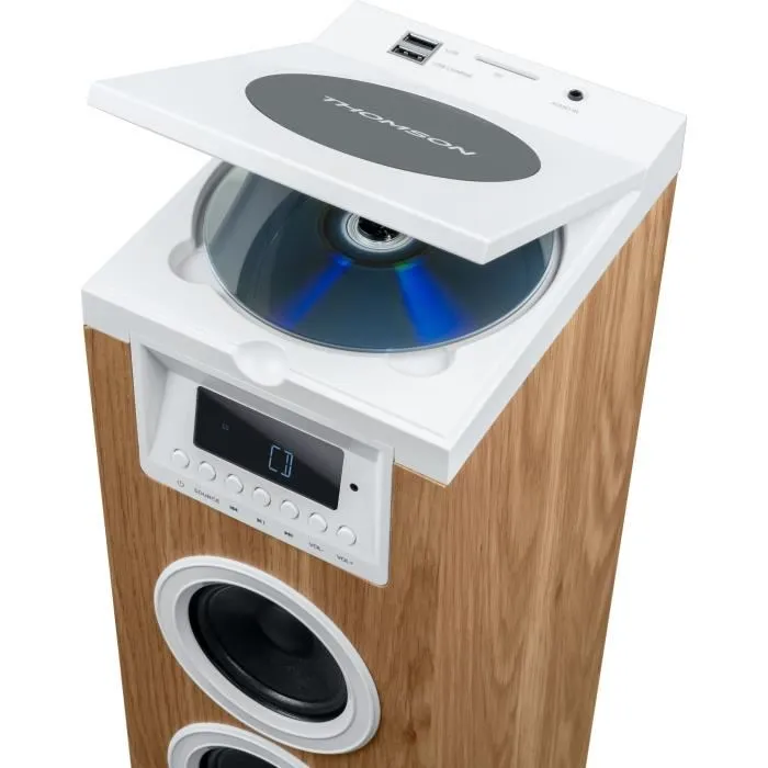 Thomson Altavoz torre Bluetooth/CD/USB/SD Blanco/Madera 60W Radio FM THO1720571172497