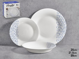 Vivalto Set de 18 Pièces Vaisselle Ronde Lluvia Blanc et Bleu 25x11x25 cm avec Assiettes Plates, Dessert et Creuses (Set de 2)