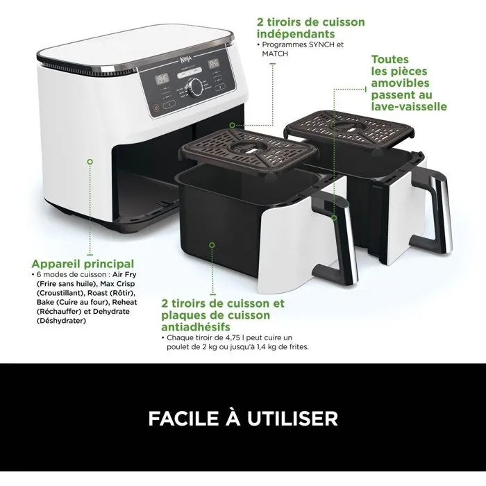 Ninja Friteuse sans huile Foodi Max Dual Zone AF400EUWH - 9,5L - 6 programmes - 2470W - Blanc Ninja Friteuse sans huile Foodi Max Dual Zone AF400EUWH - 9,5L - 6 programmes - 2470W - Blanc