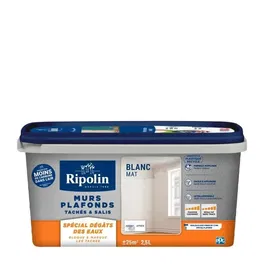 Ripolin - Peinture mur et plafond intérieur mate ultra couvrante - Recouvre les taches et dégâts des eaux - Blanc - 2,5 litres