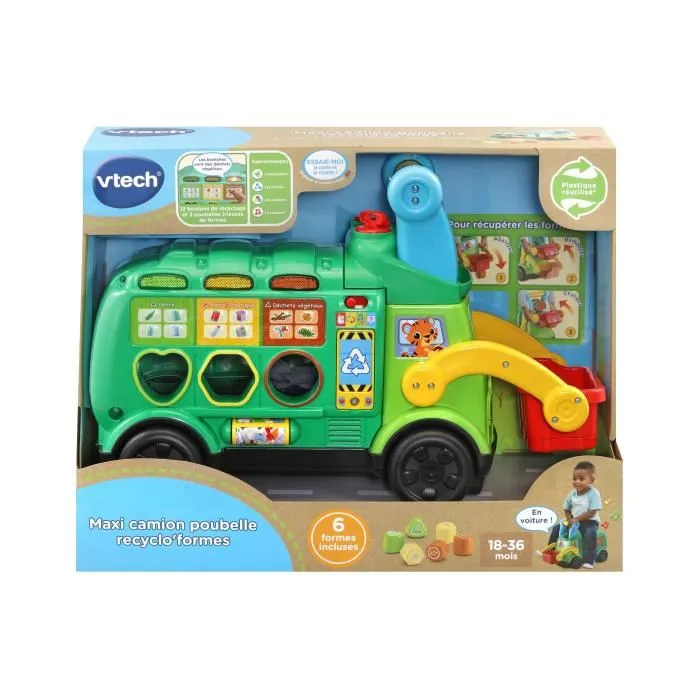 VTECH BABY Recyclo'Formes - Porteur Maxi Camion Poubelle Éducatif - Jouet pour Enfant 18 à 36 mois avec 4 Modes de Jeu, Musique et Rangement