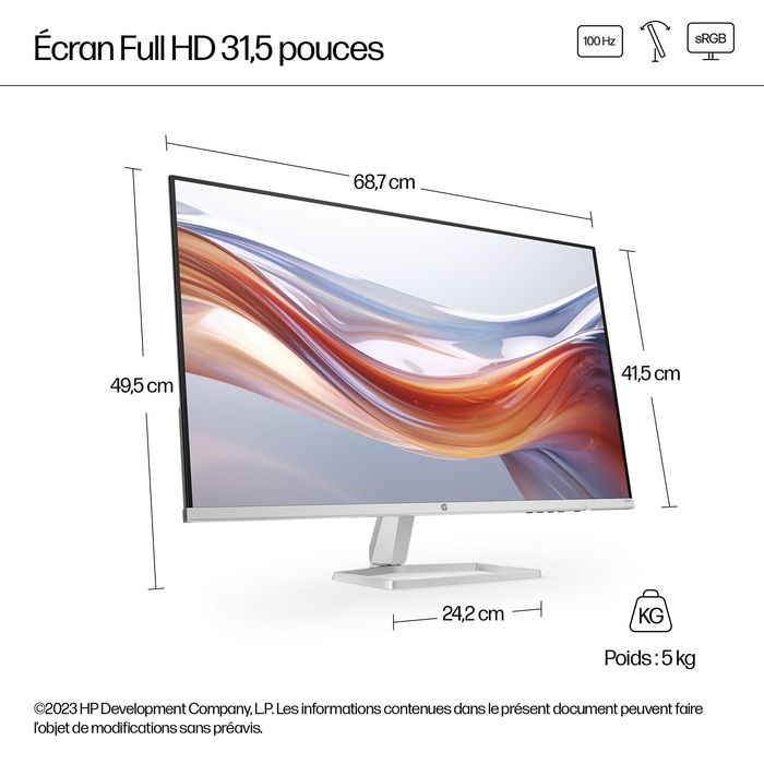 HP Série 5 - 532sf Écran 31,5 pouces Full HD - 100 Hz - Connectivité HDMI et VGA - Filtre lumière bleue - Pied réglable - Design 3 bords fins