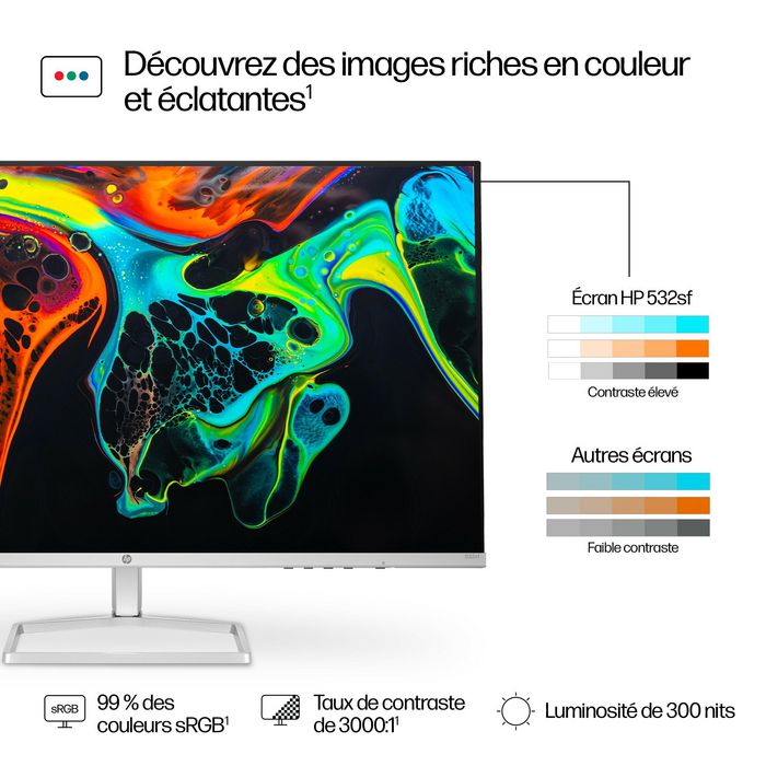 HP Série 5 - 532sf Écran 31,5 pouces Full HD - 100 Hz - Connectivité HDMI et VGA - Filtre lumière bleue - Pied réglable - Design 3 bords fins