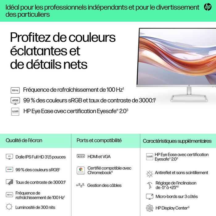 HP Série 5 - 532sf Écran 31,5 pouces Full HD - 100 Hz - Connectivité HDMI et VGA - Filtre lumière bleue - Pied réglable - Design 3 bords fins