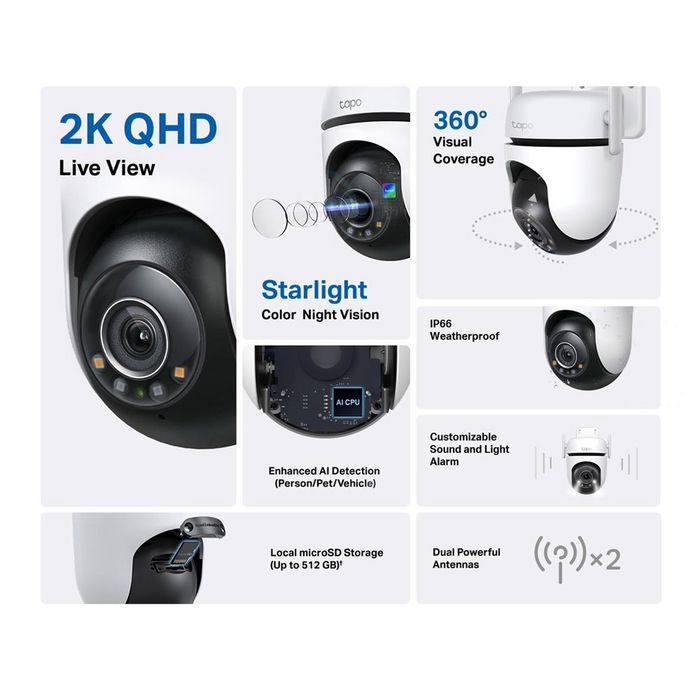 TP-Link Caméra de Surveillance Extérieure Wi-Fi 2K QHD Pan/Tilt C520WS - Vision Nocturne Couleur, Détection IA Personne/Animal/Véhicule, Audio Bidirectionnel, IP66