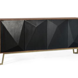 GINER Y COLOMER Buffet 4 portes en bois de manguier 180 cm couleur noyer et noir avec piètement doré - Structure métallique, dimensions détaillées