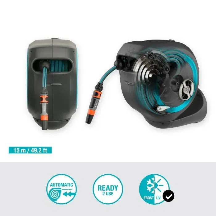 Gardena Enrouleur de tuyau mural automatique RollUp S 15 m rayure bleue
