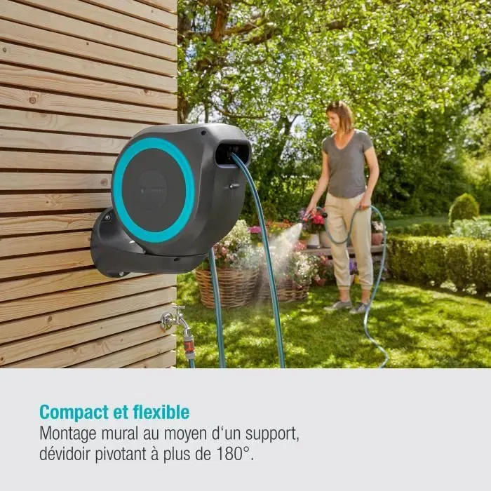 Gardena Enrouleur de tuyau mural automatique RollUp S 15 m rayure bleue