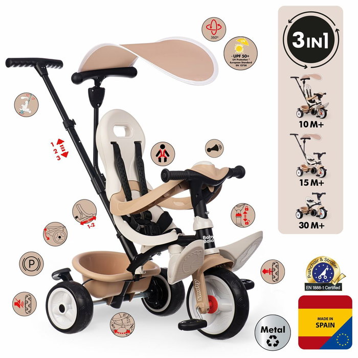 Smoby Baby Balade Tricycle Évolutif 3 en 1 - Beige