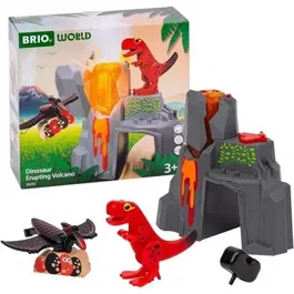 Brio Volcan en Éruption avec Dinosaure - Accessoire pour Circuit de Train en Bois - Action sans Pile par Aimant avec Son, Lumière et Vapeur - Jeu pour Enfants dès 3 Ans