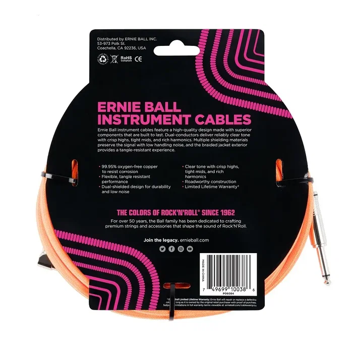 Ernie Ball Câble d'instrument tressé Jack-Jack 5,49 m - Néon / Orange
