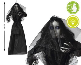 Poupée Suspension Novia Zombi avec Robe Noire et Éclairage - Décor d'Halloween et de Salles d'Évasion - 160 cm de Hauteur