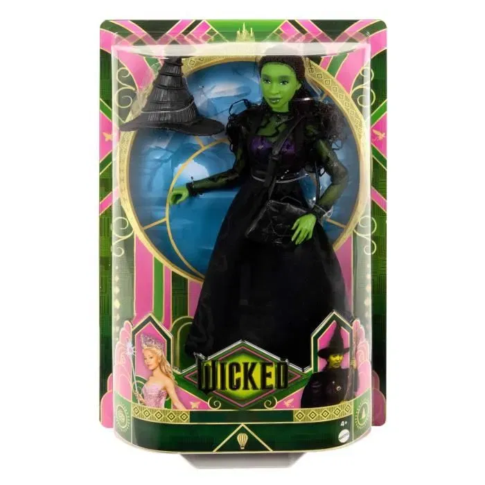 Wicked (Mattel) Poupée Elphaba avec peau verte, cheveux noirs, robe amovible et accessoires - HXT62 - Figurine inspirée du film
