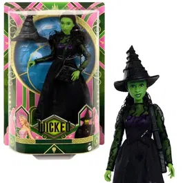 Wicked (Mattel) Poupée Elphaba avec peau verte, cheveux noirs, robe amovible et accessoires - HXT62 - Figurine inspirée du film