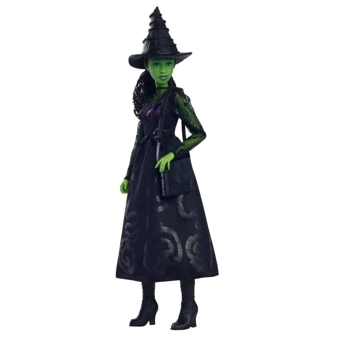 Wicked (Mattel) Poupée Elphaba avec peau verte, cheveux noirs, robe amovible et accessoires - HXT62 - Figurine inspirée du film