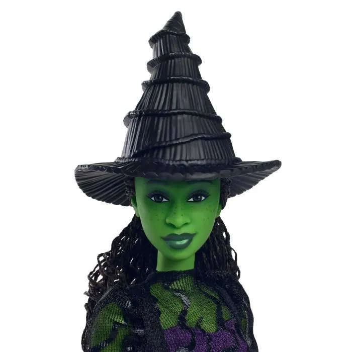 Wicked (Mattel) Poupée Elphaba avec peau verte, cheveux noirs, robe amovible et accessoires - HXT62 - Figurine inspirée du film