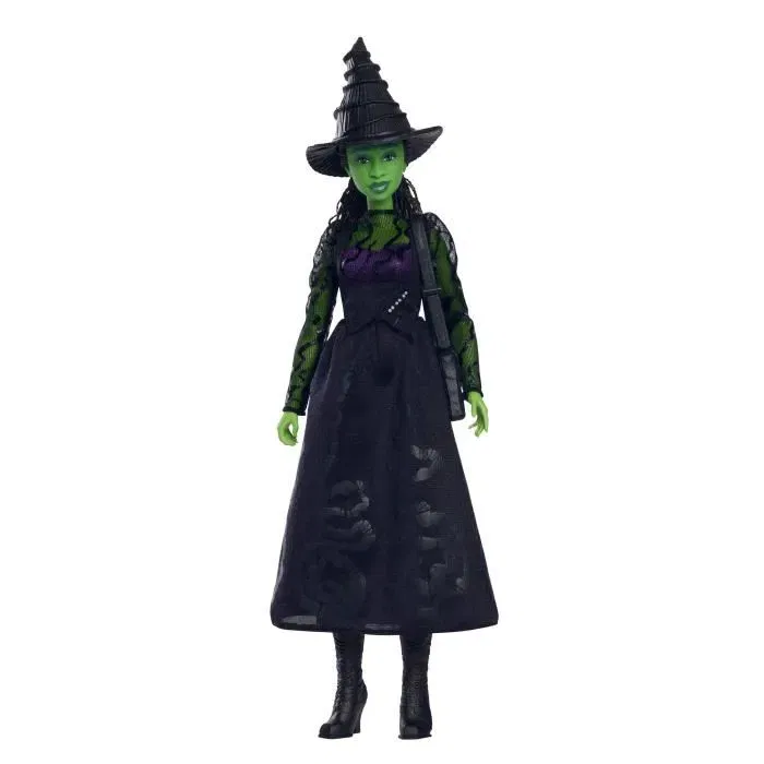 Wicked (Mattel) Poupée Elphaba avec peau verte, cheveux noirs, robe amovible et accessoires - HXT62 - Figurine inspirée du film