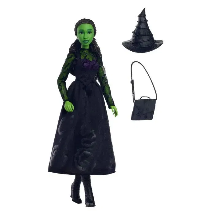 Wicked (Mattel) Poupée Elphaba avec peau verte, cheveux noirs, robe amovible et accessoires - HXT62 - Figurine inspirée du film