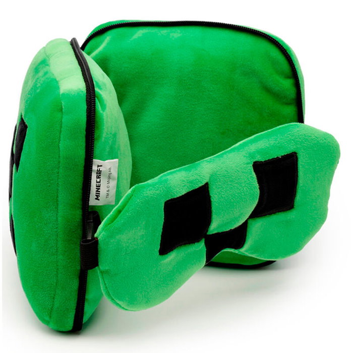 PUCKATOR Oreiller de voyage avec masque de nuit, forme Creeper, licence Minecraft, en polyester et spandex, dimensions 15,5 x 15,5 x 8,5 cm