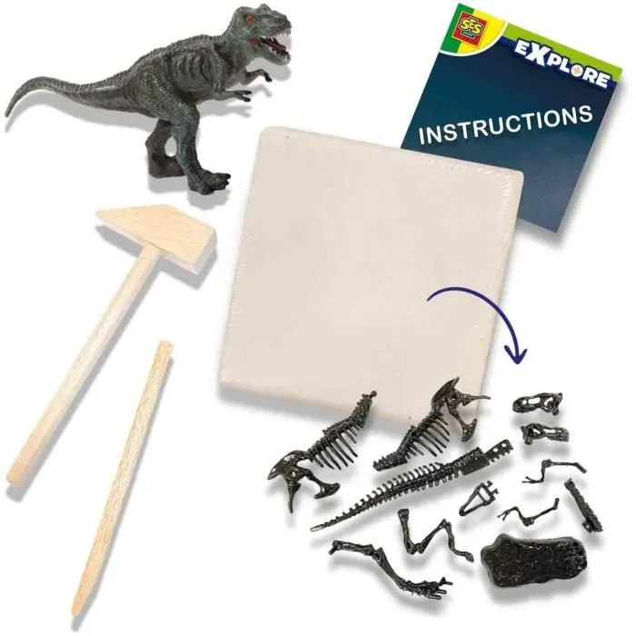 SES CREATIVE Set de Fouille Archéologique 2 en 1 Dinosaure T-rex avec Squelette à Assembler, Figurine et Outils pour Enfants dès 5 Ans