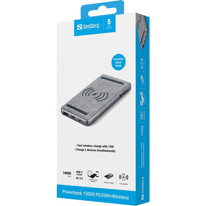 Sandberg Powerbank 10000 mAh avec Charge Rapide sans Fil et PD 20W, 15W Qi, Ports USB-C et USB-A QC 3.0, Charge de 2 Appareils Simultanément Sandberg Powerbank 10000 mAh avec Charge Rapide sans Fil et PD 20W, 15W Qi, Ports USB-C et USB-A QC 3.0, Charge de 2 Appareils Simultanément