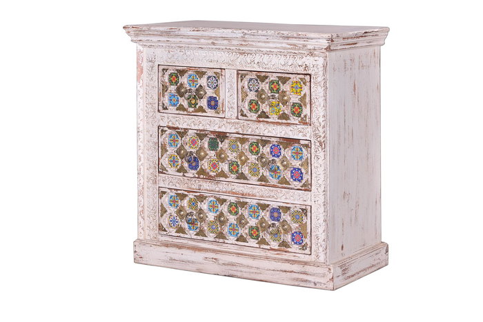 GINER Y COLOMER Commode 4 tiroirs en bois de manguier avec détails en céramique et bronze - Couleur blanc vieilli - 90 x 90 x 40 cm