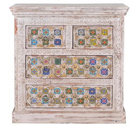 GINER Y COLOMER Commode 4 tiroirs en bois de manguier avec détails en céramique et bronze - Couleur blanc vieilli - 90 x 90 x 40 cm