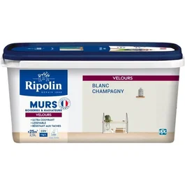 Ripolin - Peinture acrylique intérieure - Blanc Champagny - Velours - Haute opacité - 2.5 litres - Lessivable - Pour murs et boiseries - Couvre 25 m²