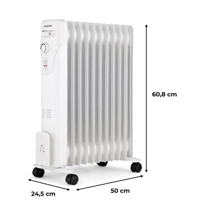 Oceanic Radiateur Électrique à Bain d'Huile 2500W Blanc, 3 Puissances (1000/1500/2500W), 11 Éléments, Mobile avec Sécurité Anti-Renversement