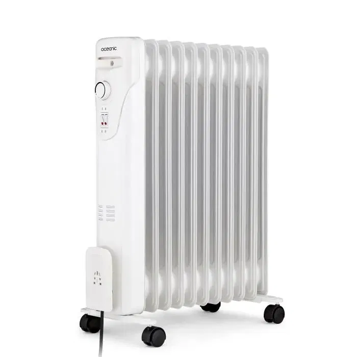 Oceanic Radiateur Électrique à Bain d'Huile 2500W Blanc, 3 Puissances (1000/1500/2500W), 11 Éléments, Mobile avec Sécurité Anti-Renversement