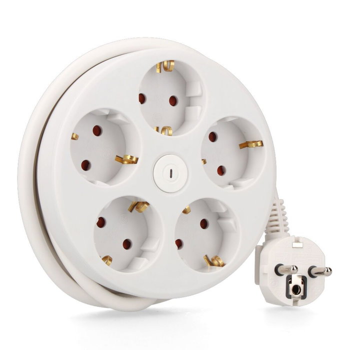 Edm Base multiple ronde 5 prises 2P+T Schuko avec interrupteur, 1,5 m câble H05VV-F 3G1,5mm², 16A 250V, blanc Edm Base multiple ronde 5 prises 2P+T Schuko avec interrupteur, 1,5 m câble H05VV-F 3G1,5mm², 16A 250V, blanc