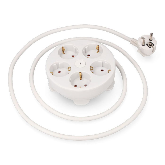 Edm Base multiple ronde 5 prises 2P+T Schuko avec interrupteur, 1,5 m câble H05VV-F 3G1,5mm², 16A 250V, blanc Edm Base multiple ronde 5 prises 2P+T Schuko avec interrupteur, 1,5 m câble H05VV-F 3G1,5mm², 16A 250V, blanc