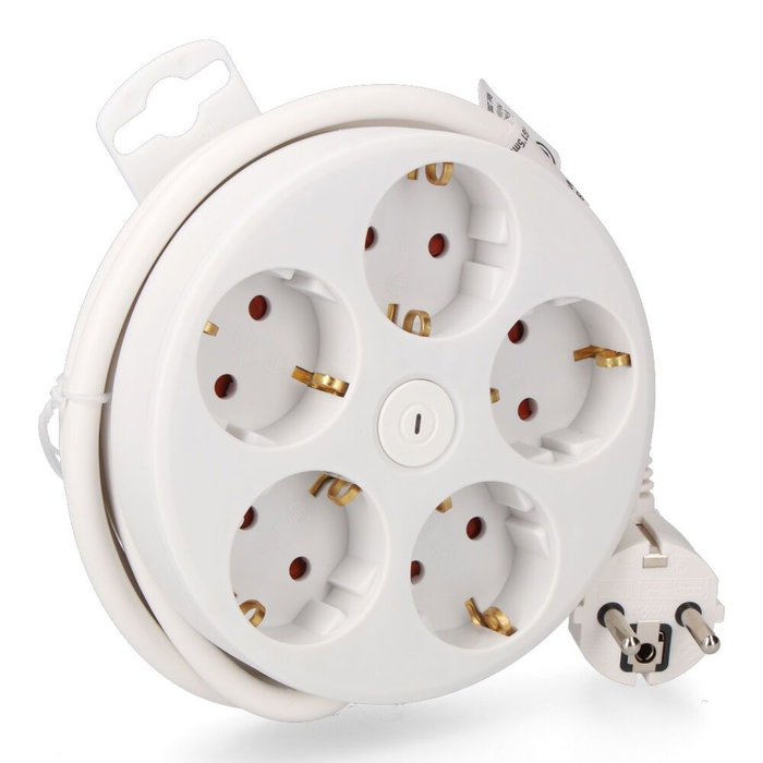 Edm Base multiple ronde 5 prises 2P+T Schuko avec interrupteur, 1,5 m câble H05VV-F 3G1,5mm², 16A 250V, blanc Edm Base multiple ronde 5 prises 2P+T Schuko avec interrupteur, 1,5 m câble H05VV-F 3G1,5mm², 16A 250V, blanc