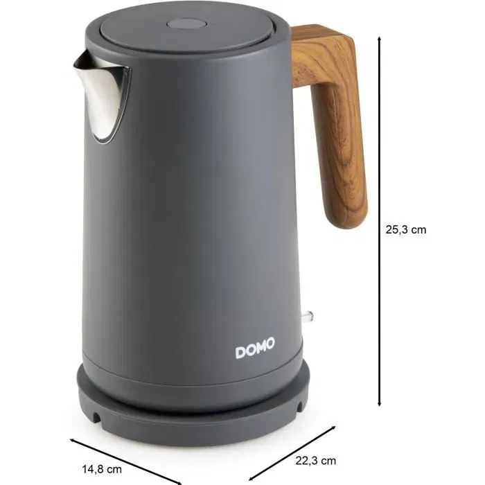 Domo DO9268WK Bouilloire électrique 2200W, 1,7L, socle rotatif 360°, design noir et bois, avec filtre amovible