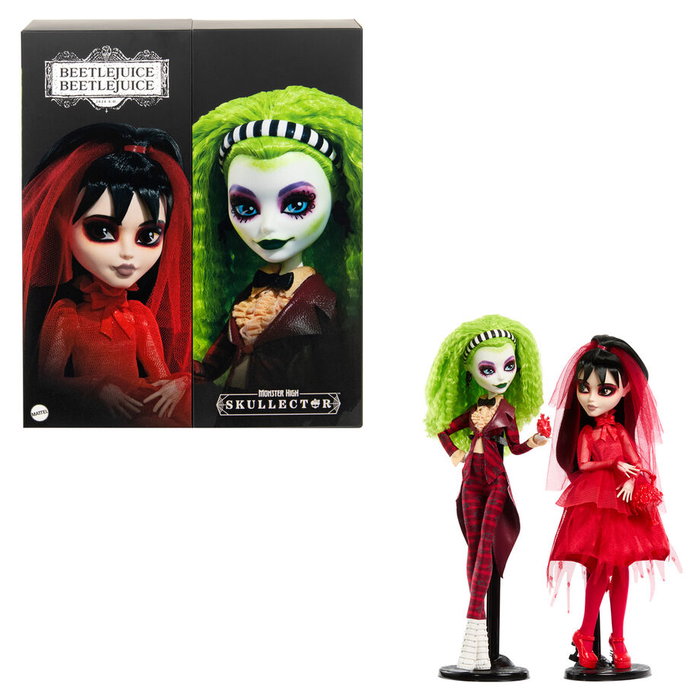 MATTEL Set de 2 Poupées Beetlejuice et Lydia Deetz Monster High Skullector avec Accessoires et Certificat