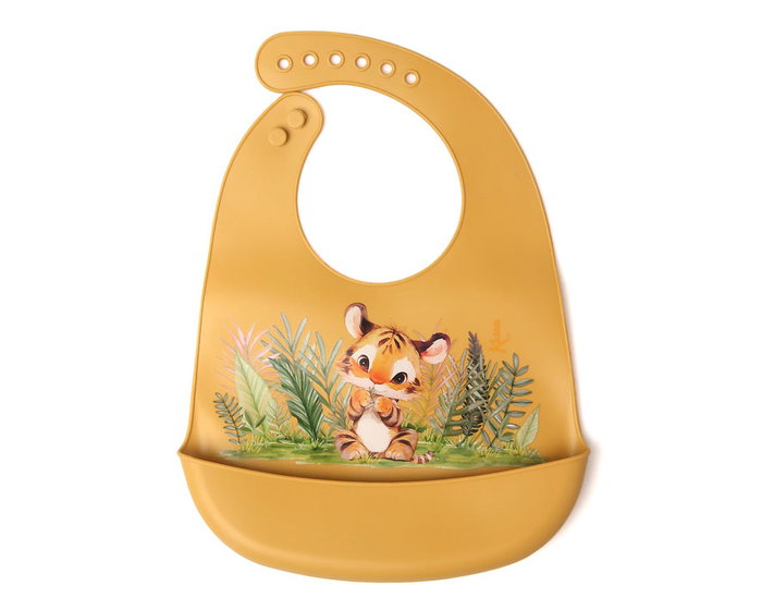 KioKids Babero De Silicona Ajustable Color Mostaza Con Dibujo De Tigre