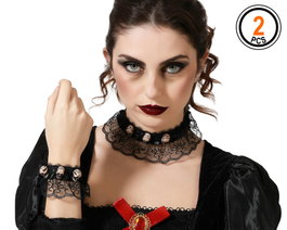 Atosa Set Gothique avec Collier et Bracelet en Dentelle et Crânes