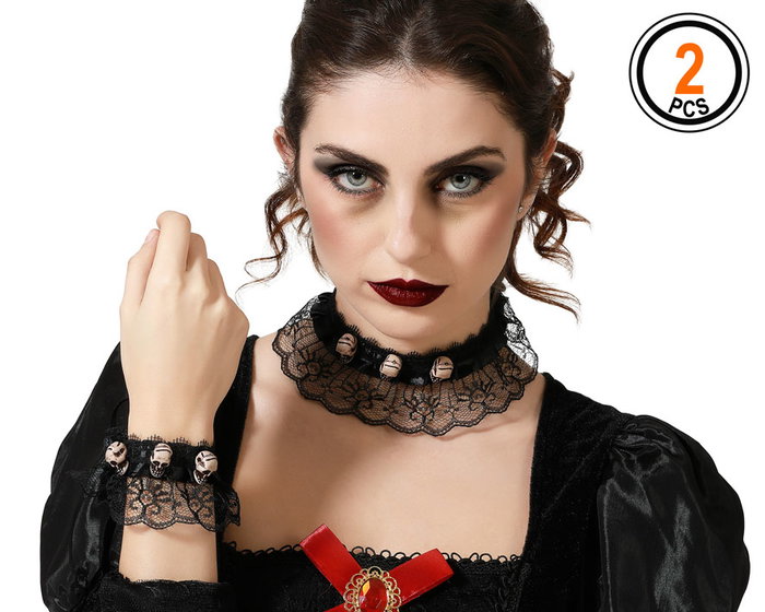 Set gothique de collier et de bracelet à dentelle et têtes de mort pour Halloween, accessoire de costume gothique, vampirique ou jour des morts Set gothique de collier et de bracelet à dentelle et têtes de mort pour Halloween, accessoire de costume gothique, vampirique ou jour des morts